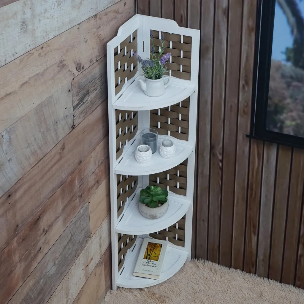Petite étagère d'angle pliable pour salon ou salle de bain bois blanc 4 niv