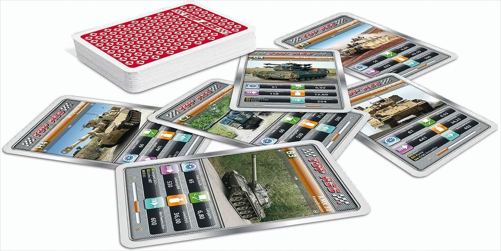 A stack of playing cards with a red patterned back and several cards spread out in front of it, each featuring an image of a tank and statistical data.