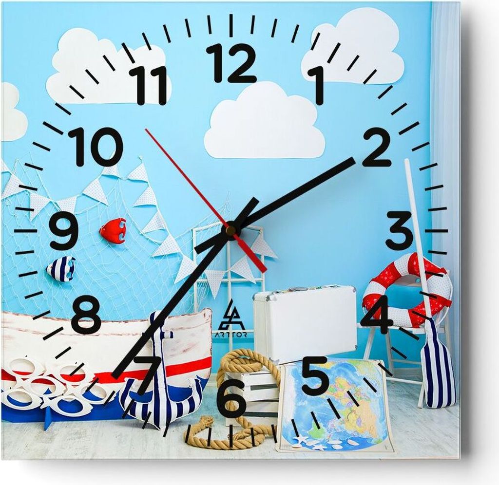 Wanduhr - Quadrat - Glasuhr - Boot Anker Wolken Junge - 40x40cm - Schleichendes Uhrwerk - Lautlos - zum Aufhängen bereit - Dekoration Modern - Wan...