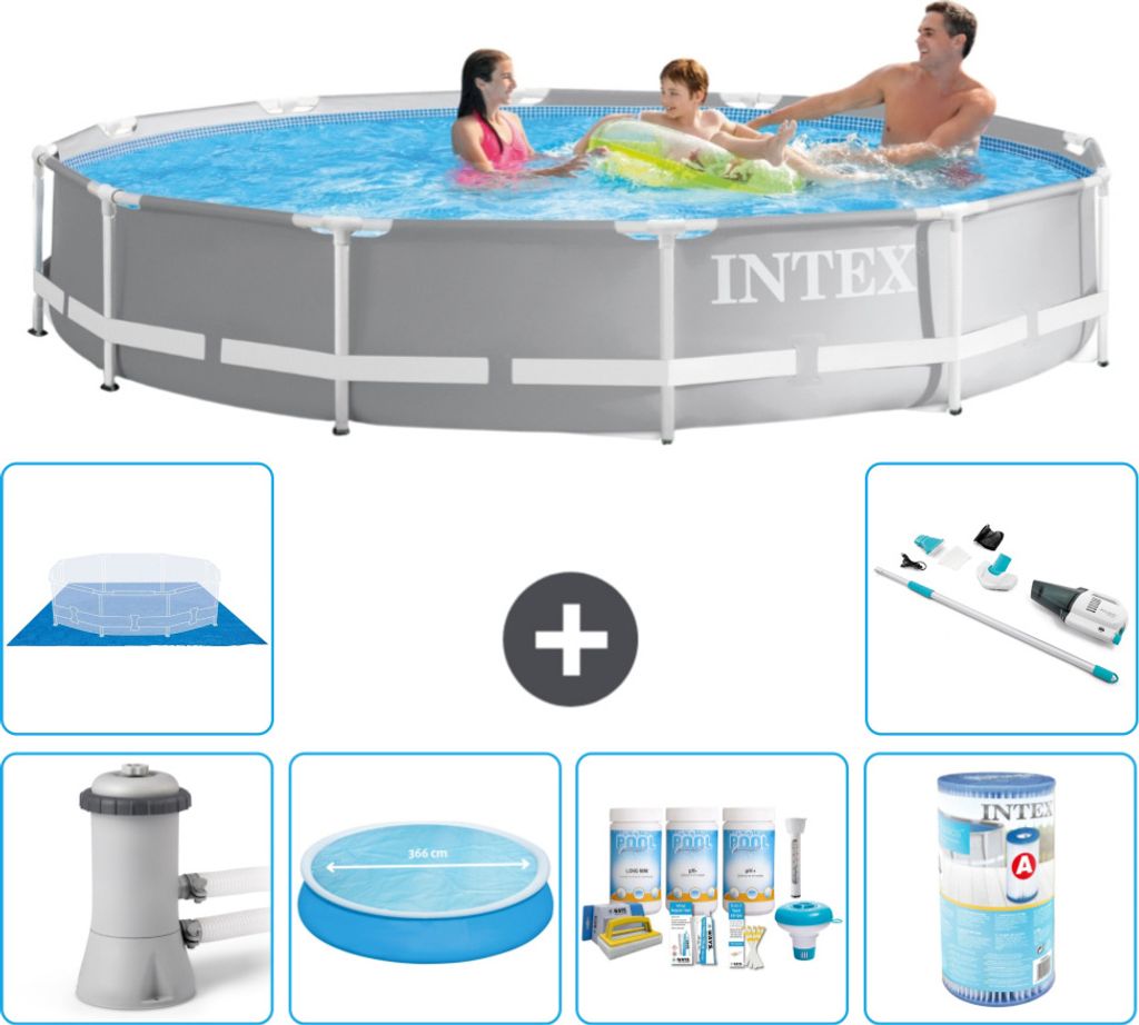 Intex Round Prism Frame Swimming Pool – 366 x 76 cm – Grau – inklusive Pumpe Sonnensegel - Wartungspaket - Filter - Bodenplane - Staubsauger