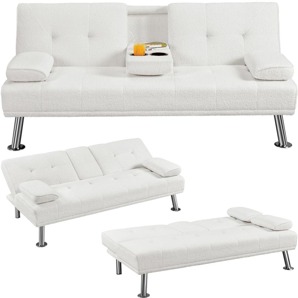 A collage of a white sofa bed shown in different configurations.