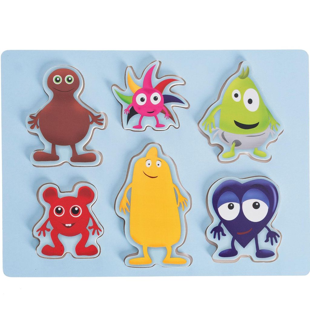 Babblarna Holz Formpuzzle mit 6 Figuren, 30x21 cm, 1-3 Jahre, Namen unter Puzzleteilen
