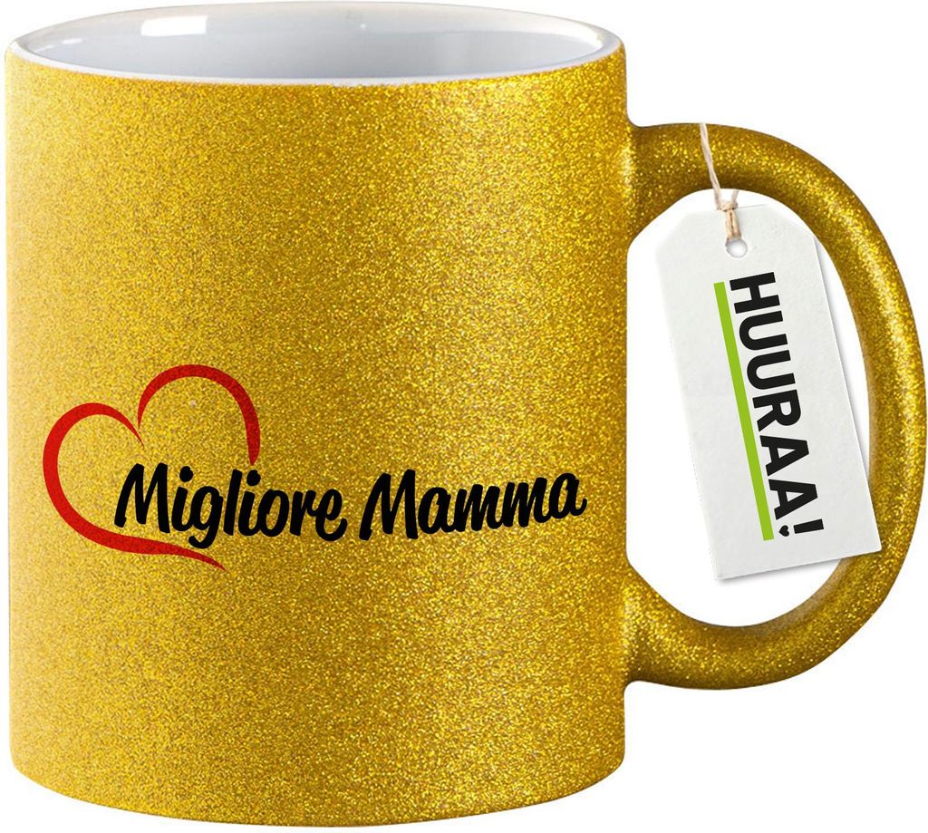 Huuraa Glitzertasse Migliore Mamma Cuore 330ml Gold Keramik Kaffeebecher Geschenkidee