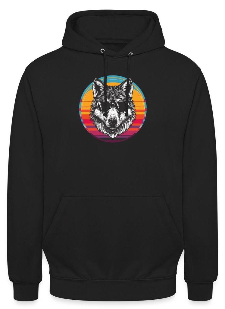 Spreadshirt Cooler Wolf Mit Sonnenbrille | Retro Wolf Uni Hoodie, S, Schwarz