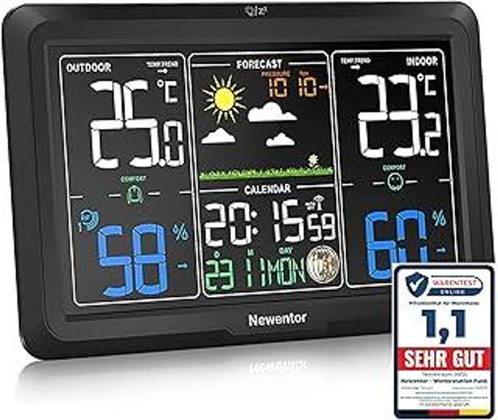 Newentor Wetterstation Funk mit Außensensor - Lebenslange Außensensor-Garantee - Lebendiges VA-Display für 330°Ablesbarkeit - Dauerhafte Beleuc...