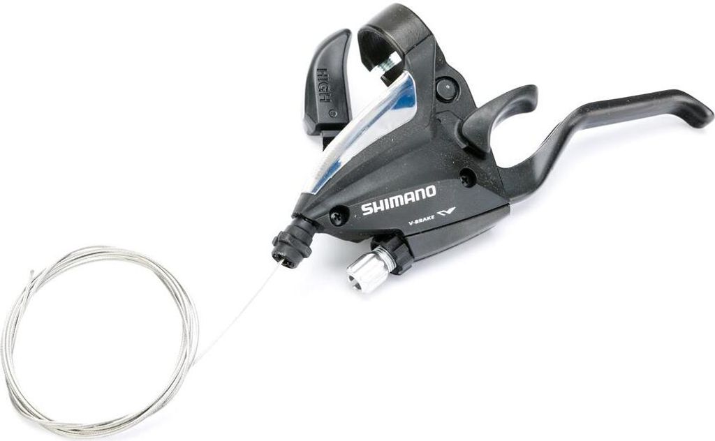 A black bicycle gear shifter with a silver cable is shown against a white background.
