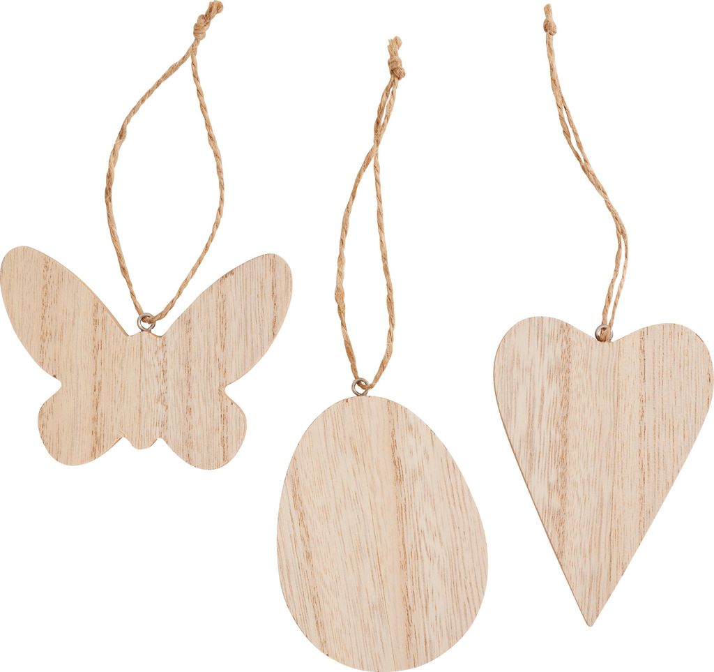 VBS Holzanhänger Set Schmetterling Herz Ei 3er Pack 1 cm dick 6.5 bis 9 cm