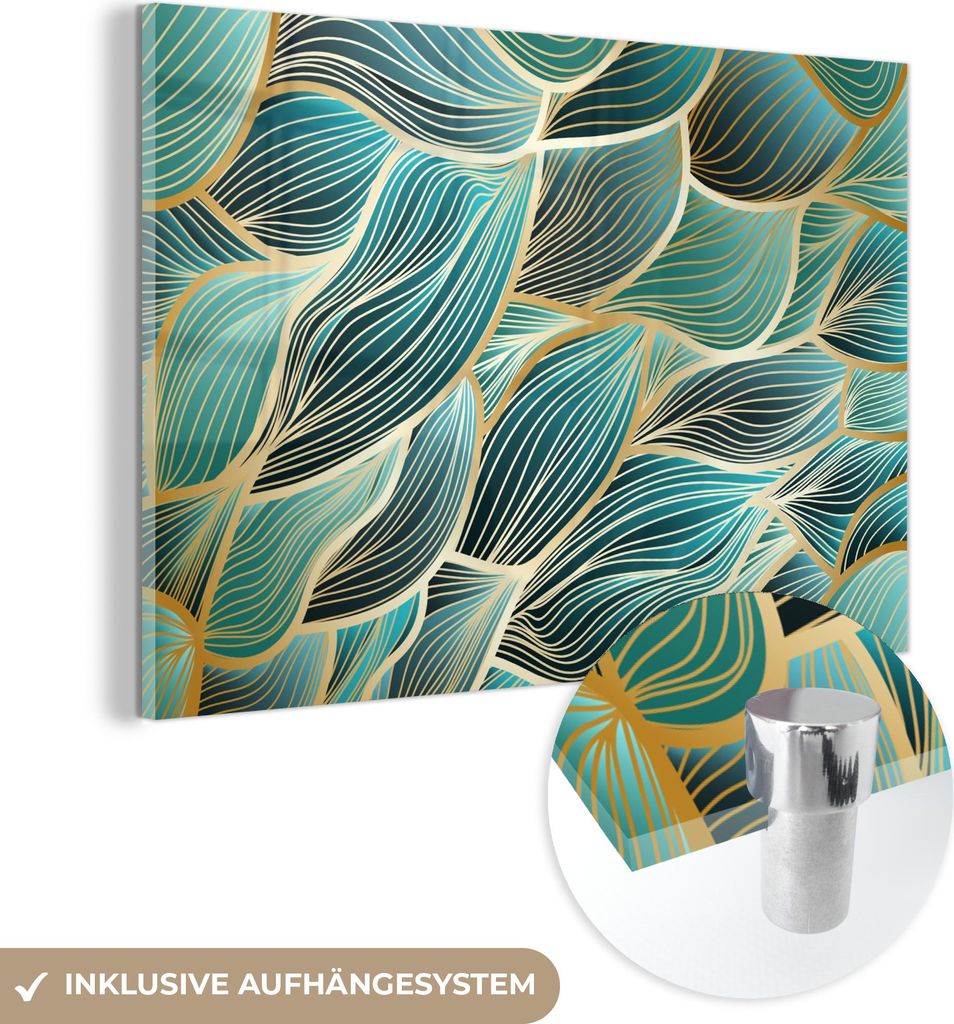 MuchoWow Glasbilder - Bilder auf Wandbild - Foto auf Glas Muster - Gold - Abstrakt - Welle 90x60 cm Wanddekoration aus Glas - Acrylglasbild - Acryl...