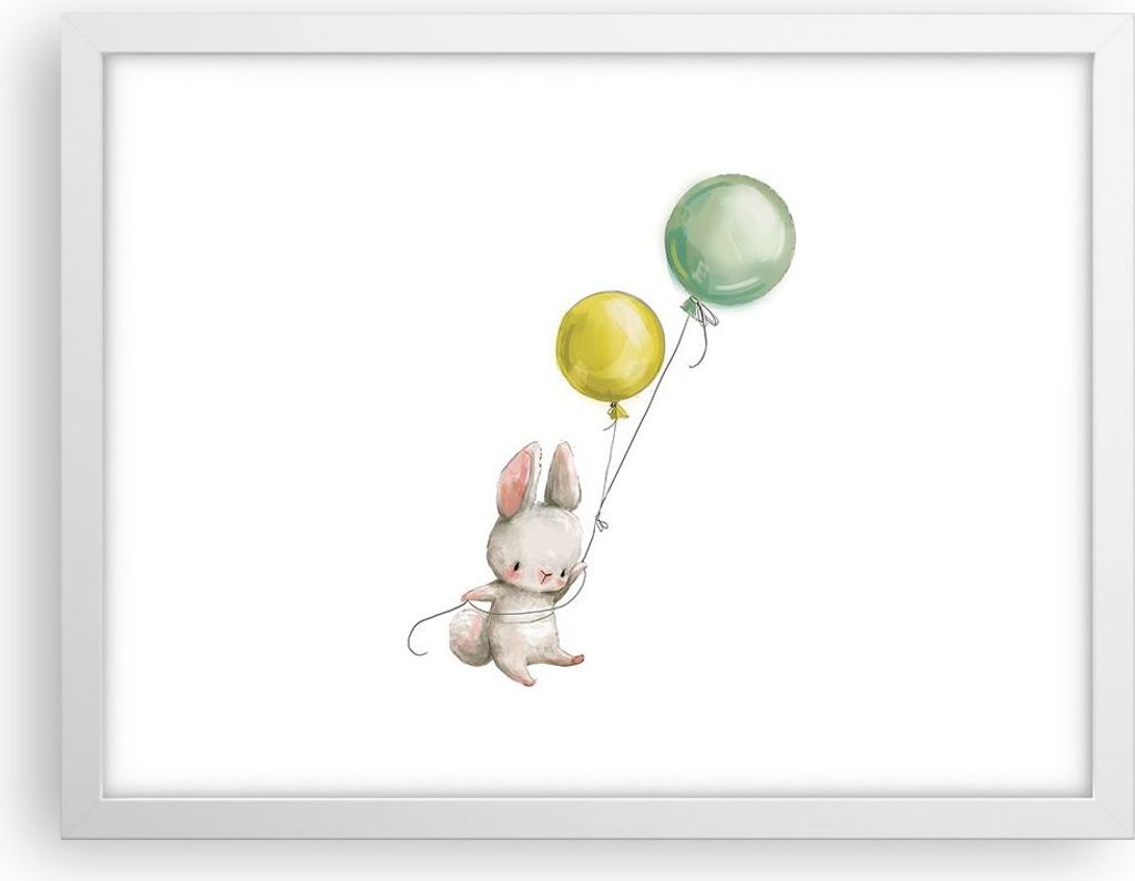 Gerahmtes Poster - Weißer Rahmen - Häschen Luftballons Kinder - 40x30 cm - Wand Bild - Wanddeko - Wandbilder - Kunstposter - Wandposter - Bilderr...