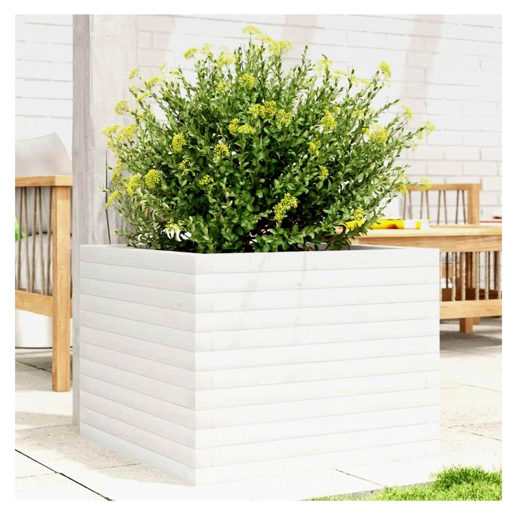Pflanzkübel Weiß 60x60x45,5 cm aus massivem Kiefernholz für Blumen und Pflanzen im Innen- und Außenbereich