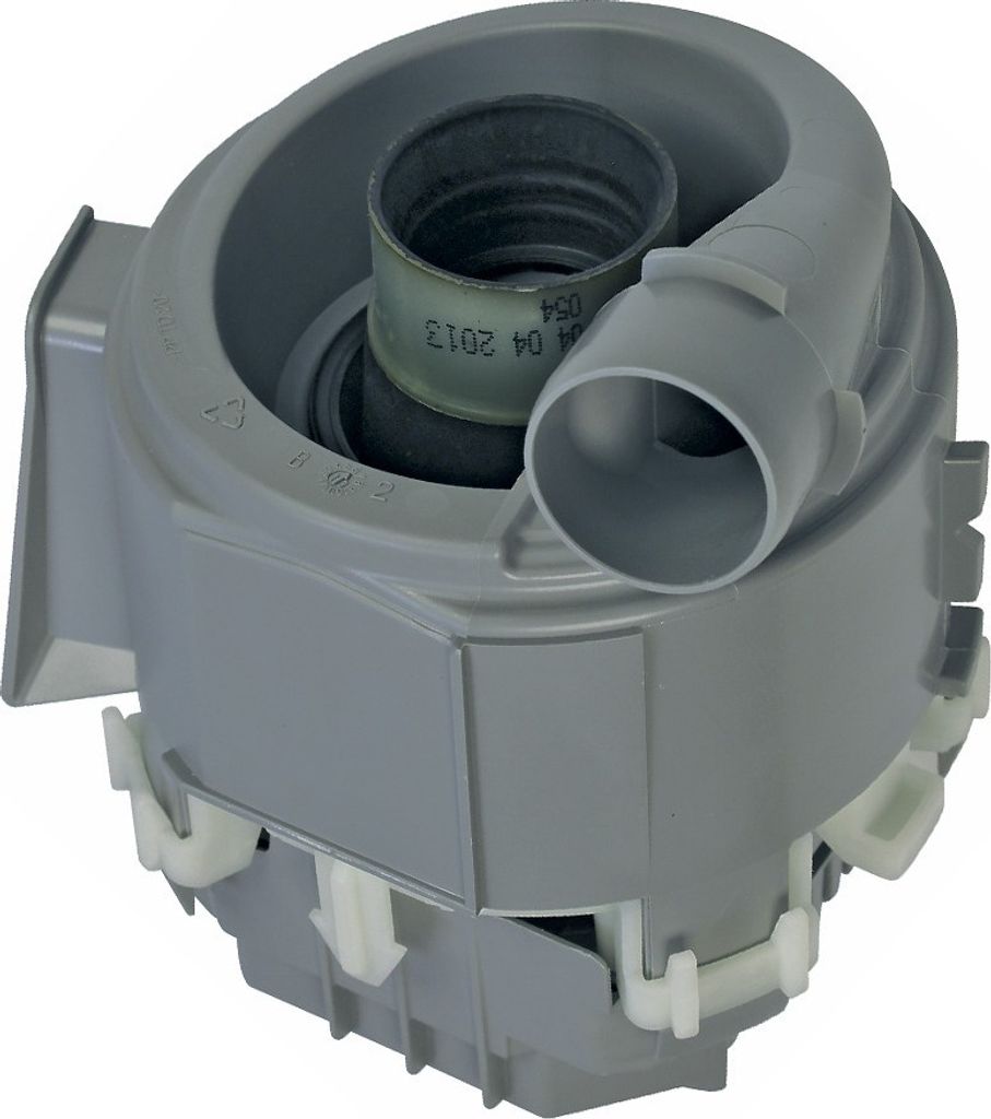 A close-up, studio shot of a gray dishwasher pump part.