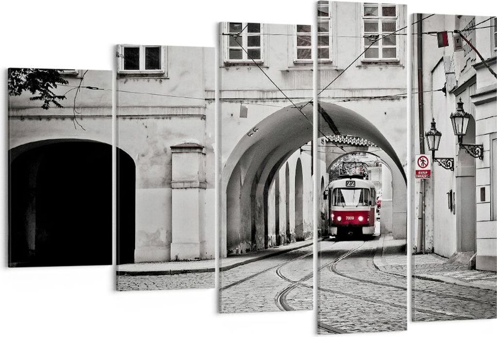 Bild auf Leinwand - Leinwandbild - 5 Teile - Tschechisch Straßenbahn Prag - 150x100cm - Wand Bild - Wanddeko - Wandbilder - Leinwanddruck - Bilder...
