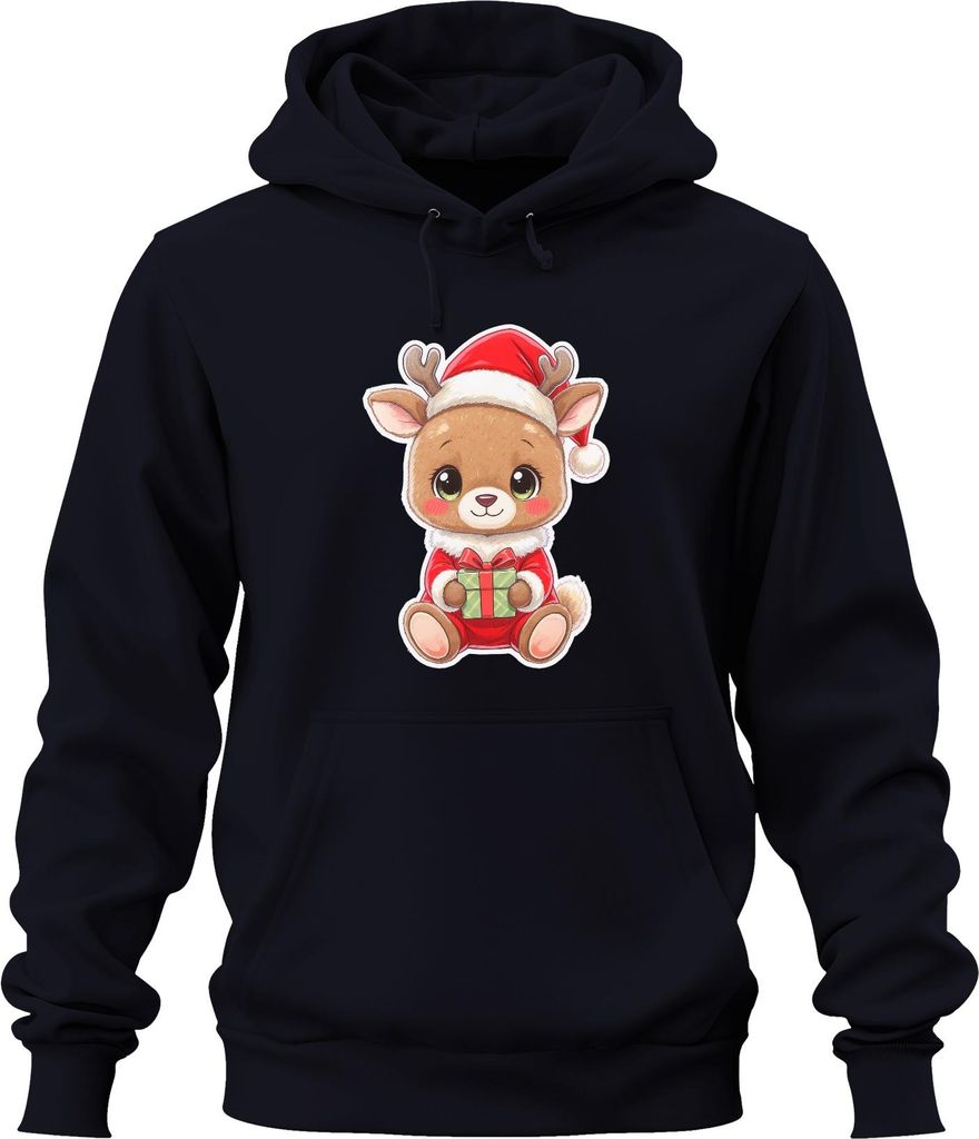 Süßes Rentier Weihnachten Geschenk Kinder Kawaii Niedlich Cartoon Uni Hoodie Kapuzenpullover, Navy, 3XL