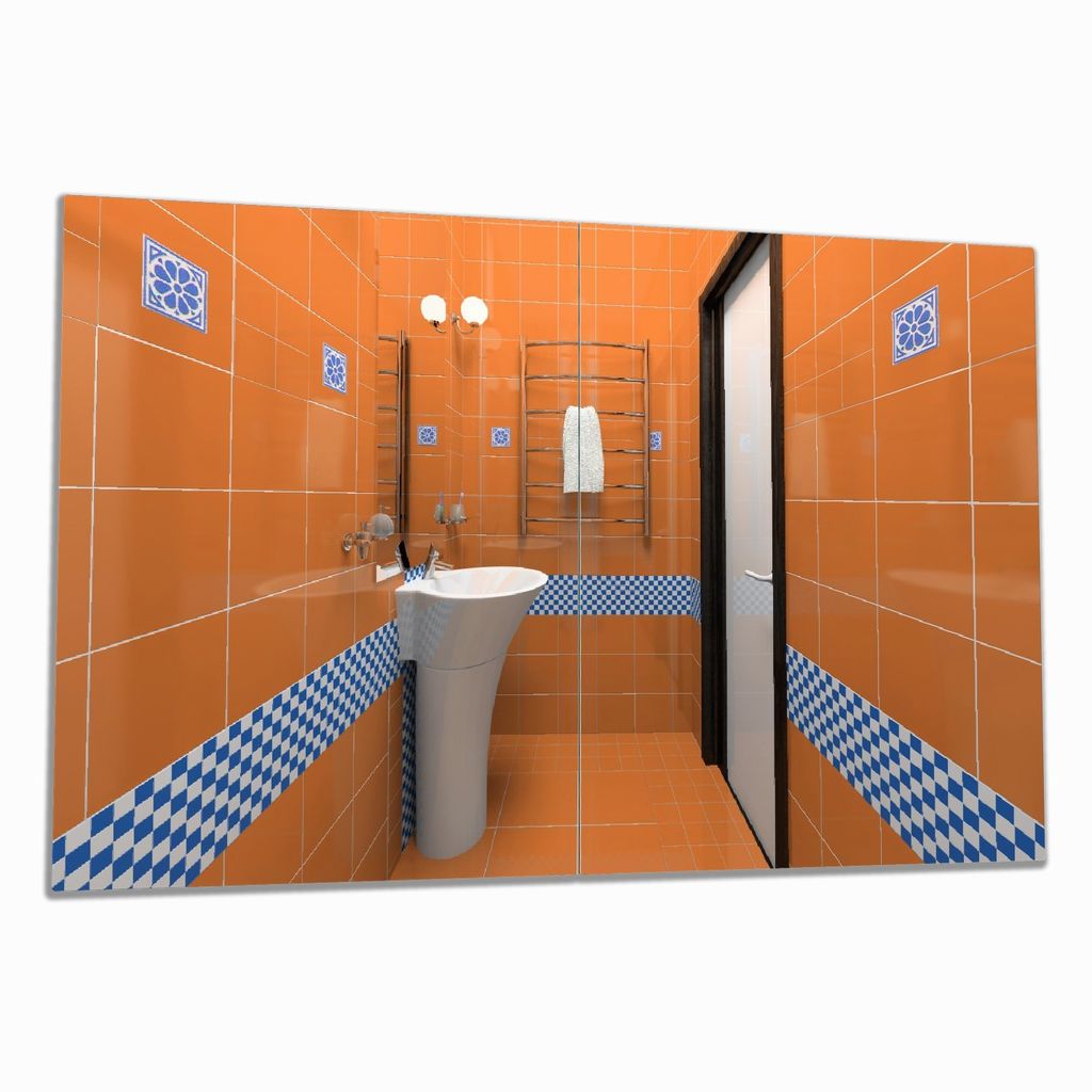 Wallario Herdabdeckplatte aus Glas, Größe 80 x 52 cm 2-teilig, Motiv Modernes Badezimmer in orange mit blauen Fliesen