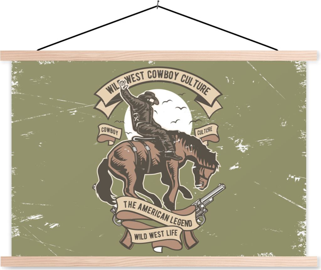 MuchoWow Textilposter Pferde - Cowboy - Retro - Zeichnung 60x40 cm mit holzfarbenen Rahmen - Bilder