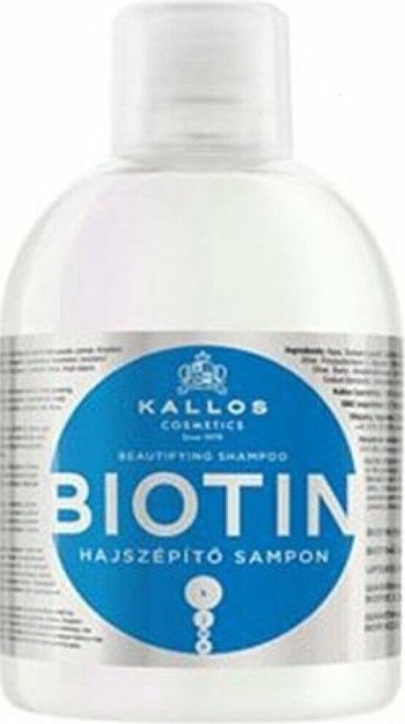 A bottle of Kallos Biotin Beautifying Shampoo.