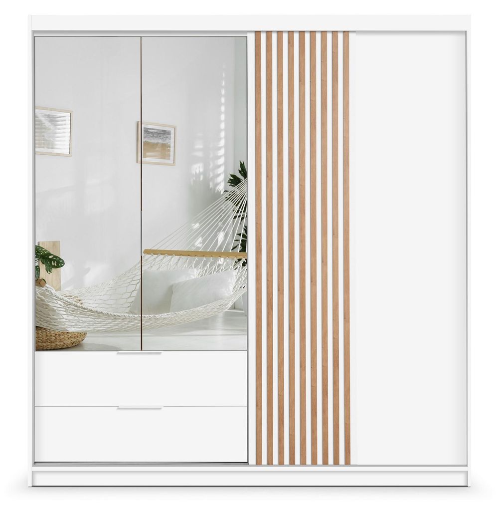 Masseno Drehtürenschrank AKALI 203/213/60 cm 3-türig mit Spiegel Weiß