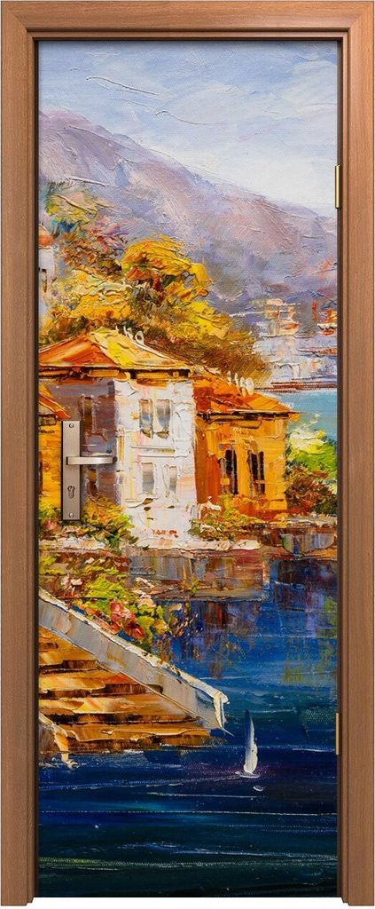 Türposter 70x200 cm Türaufkleber Türtapete Türfolie Klebefolie Griechenland Boot Wasser Bäume Gebirgs