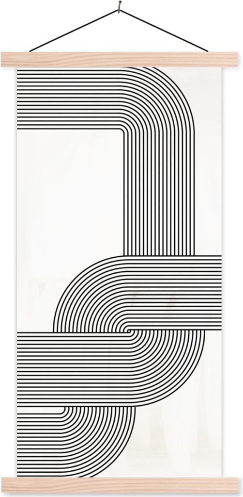 MuchoWow Textilposter Kunst - Schwarz - Weiß - Linie 60x120 cm mit holzfarbenen Rahmen - Holz