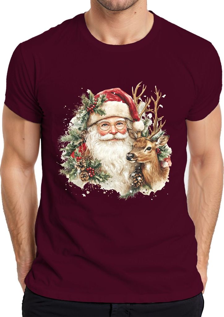 Weihnachtsmann Rentier Weihnachtsgeschenk Nostalgie Vintage Retro Herren T-Shirt, Burgundy, M