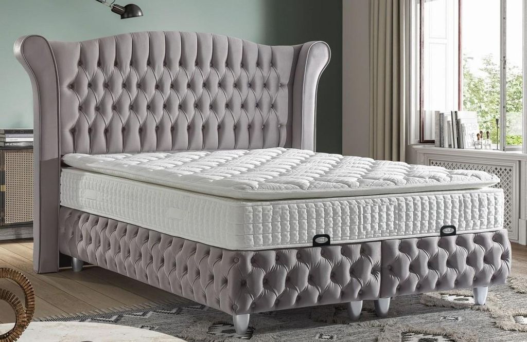 Casa Padrino Luxus Chesterfield Doppelbett Grau / Silber - Verschiedene Größen - Massivholz Bett mit Kopfteil und Matratze - Schlafzimmer Möbel ...