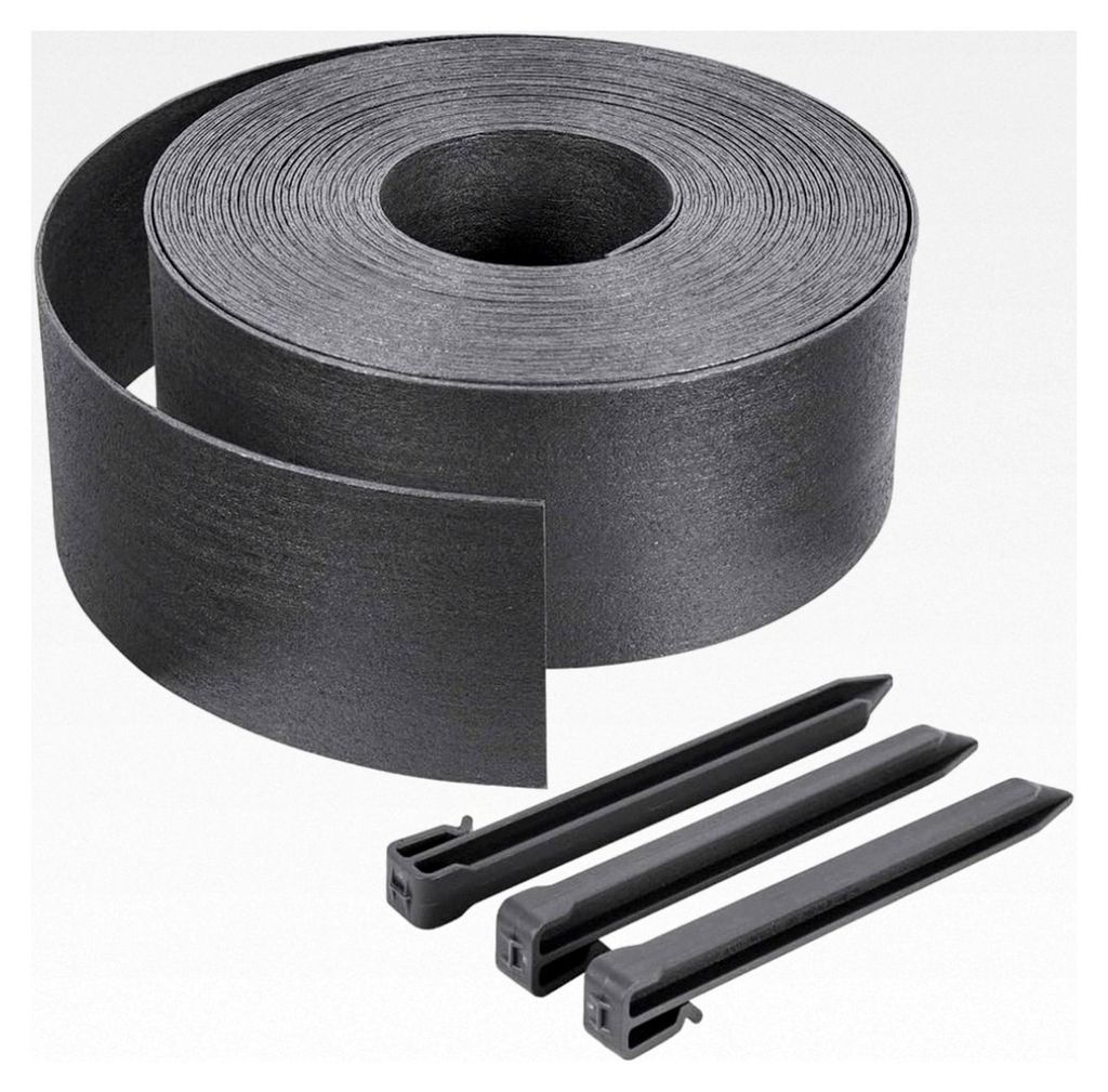 Flexible Rasenkante aus PE, Beeteinfassung mit 12 Befestigungsheringen, 20m lang, 13cm hoch, 3mm dick, Grau