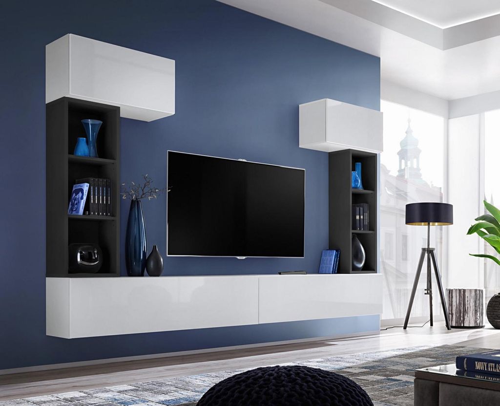 Luxus Weiß Wohnwand Holz Einrichtung Wohnzimmer Designer Garnitur Wandregale