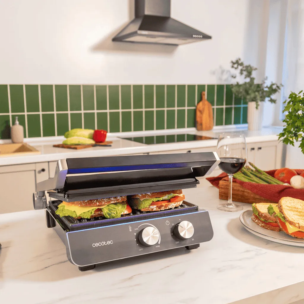 Gril Électrique de Table Multifonction 2200W - Plancha et Presse à Panini Inox - 12