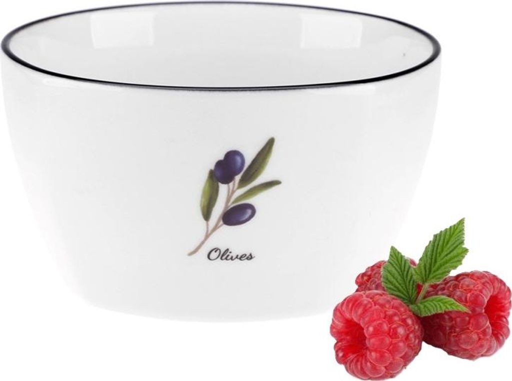 Salatschüssel aus Porzellan, PROWANCE OLIVES, 350 ml, milchig-weiß, bunter Aufdruck mit schwarzen Olivenzweigen, schwarzer Rand, New Bone Porzellan