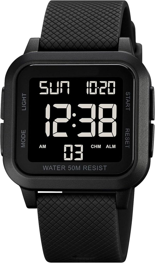 Watch Quadratische Digitaluhr LED Große Ziffern Herren Damen Unisex, Outdoor Sportuhr mit Alarm Timer Doppelzeit Stoppuhr 12/24H, 50M Wasserdicht
