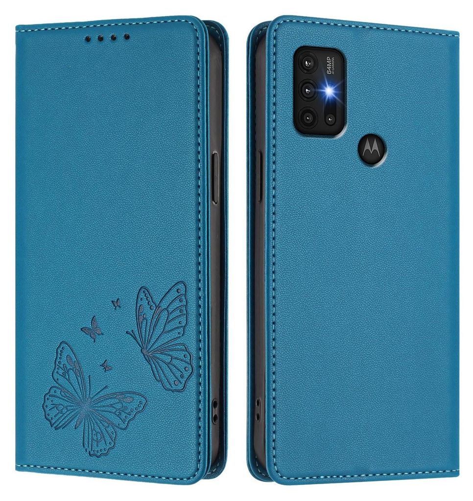 Lederhülle für Motorola Moto G30 / G20 / G10, Schmetterling Prägung Leder Brieftasche Schutzhülle mit Ständer Blau