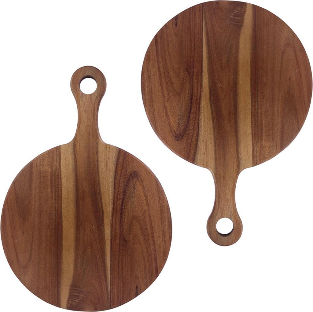 2er Set Pizzateller & Pizzabrett, rundes Holzbrett 30 cm mit Griff, 30×41 cm, ideal zum Servieren und Schneiden von Pizza