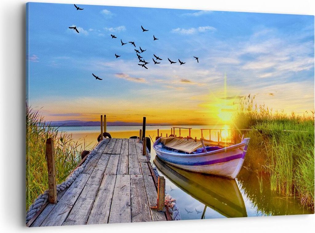 Bild auf Leinwand - Leinwandbild - See Boot Wasser - 120x80cm - Wand Bild - Wanddeko - Wandbilder - Leinwanddruck - Bilder - Kunstdruck - Wanddekor...