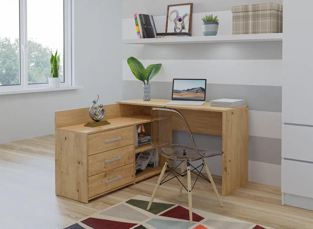 Bureau MIKOL chêne artisan 140cm avec commode pour le télétravail