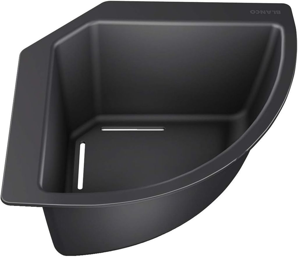 A black corner sink basin with a slatted drainer.