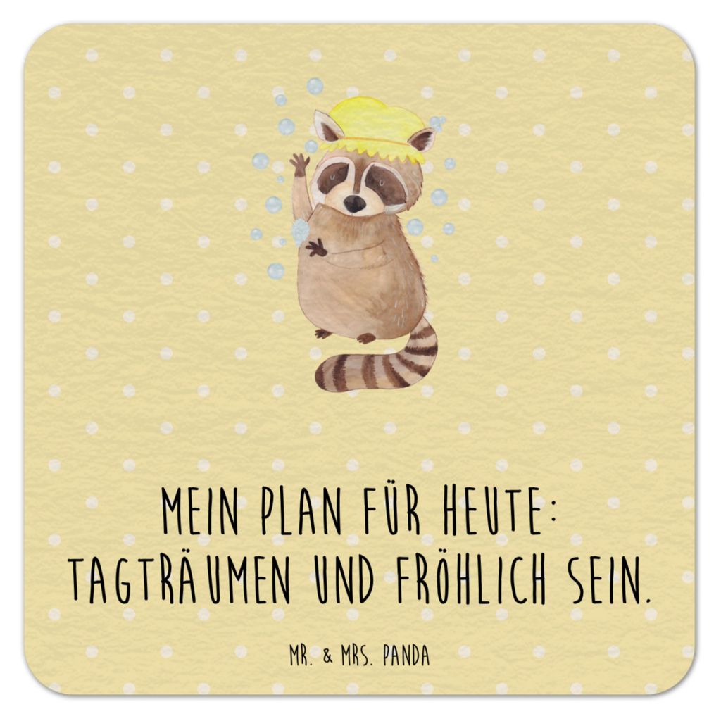 Mr. & Mrs. Panda Tischuntersetzer Waschbär 50er Set - Gelb Pastell - Geschenk, bieruntersetzer, Tagträumen, Seifenblasen, Plan, Waschen, gläseru...