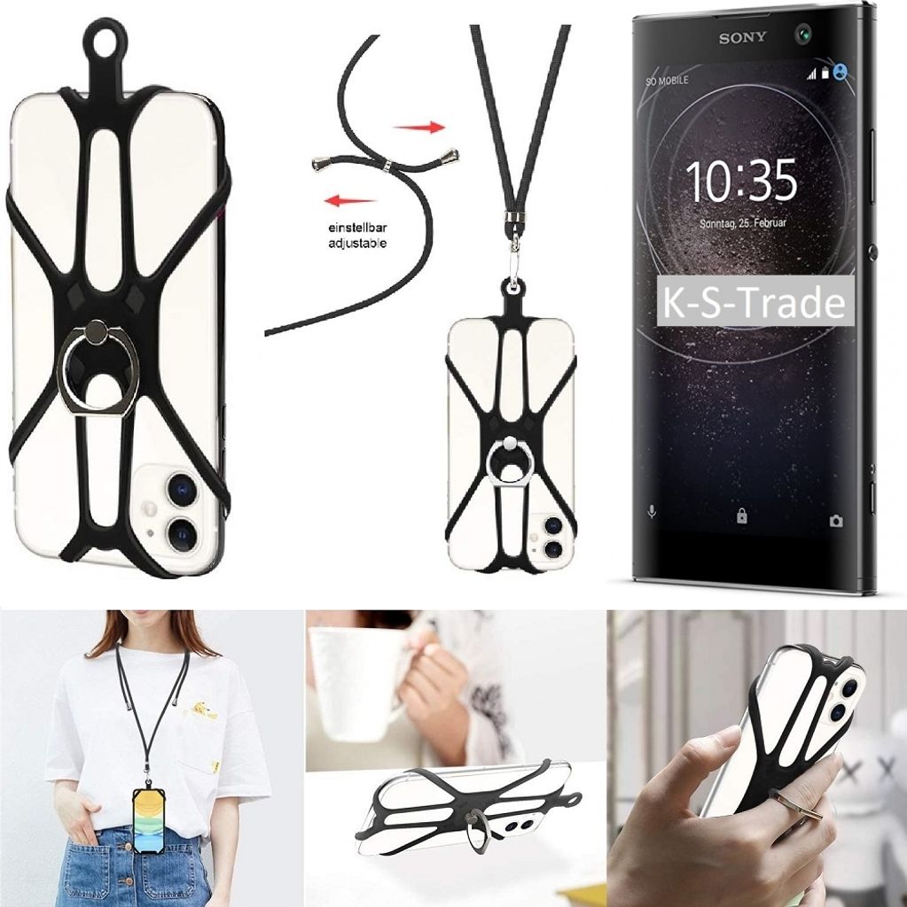 K-S-Trade 3in1 Handykette Handyband Handykordel Halsband Smartphone-Ring Handy-Ring kompatibel mit Sony Xperia XA2 Fingerhalterung Handyring