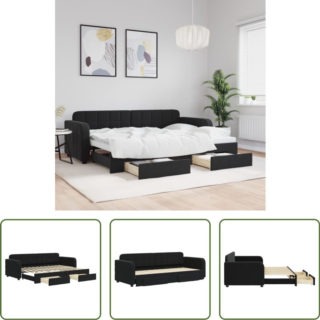The Living Store Tagesbett Ausziehbar mit Schubladen Schwarz 80x200 cm Samt
