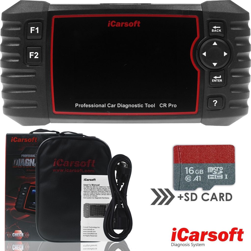 A car diagnostic tool and its accessories are displayed against a white background.