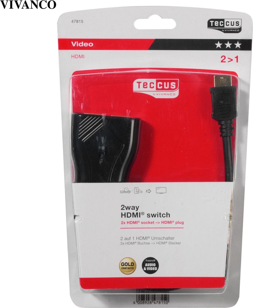 VIVanco Hochwertiger HDMI Umschalter 2-1, manuell, zum Verbinden mehrerer HDMI Geräte, 10 cm Kabel, ideal für TV, Konsole, Beamer