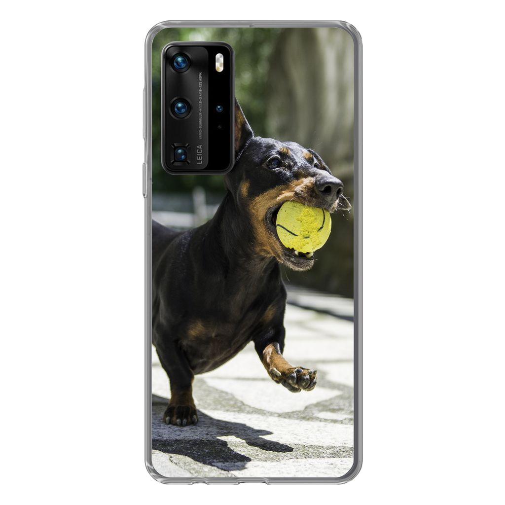 MuchoWow Handyhülle Schutzhülle Hülle für Huawei P40 Pro Ein schwarzer Dachshund mit einem Tennisball Silikon Softcase Handy Hülle - Schutz