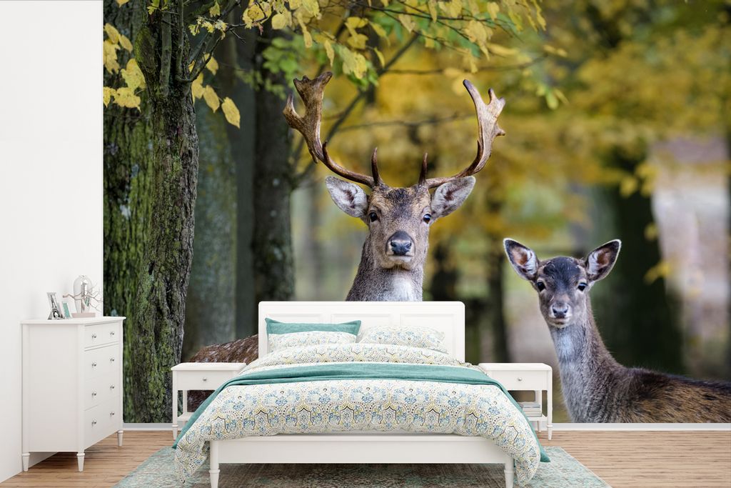 MuchoWow Fototapete für Wohnzimmer oder Schlafzimmer Wandtapete Vinyl Motivtapete Hirsche - Tiere - Baum - 360x240 cm - Vinyl-Tapete