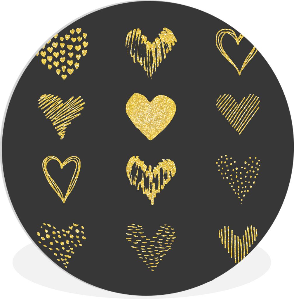 MuchoWow Rundes Wandbild - Runde Bilder Gold gezeichnete Herzen auf schwarzem Papier Ø 60 cm Kreis Wanddekoration Kunststoff - Wandkreis - Wands...