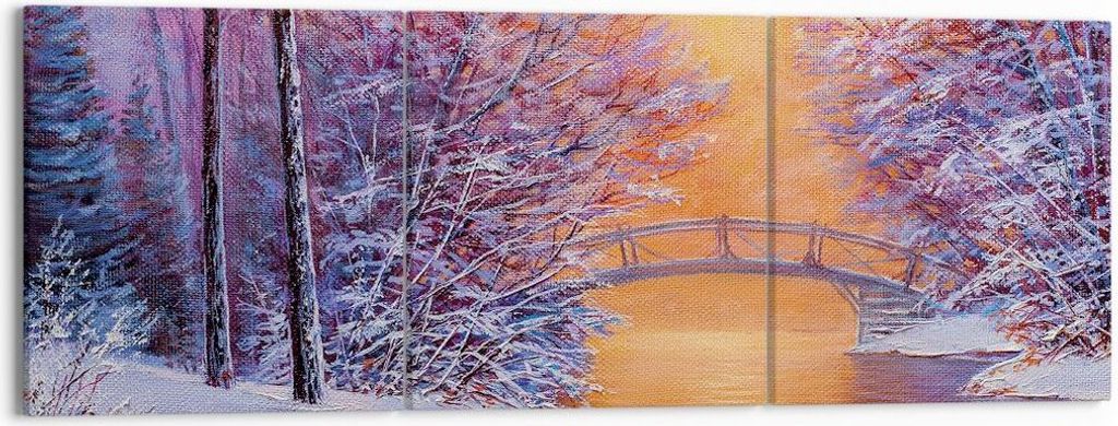 Bild auf Leinwand - Leinwandbild - 3 Teile - Brücke Schnee Wald - 150x50cm - Wand Bild - Wanddeko - Wandbilder - Leinwanddruck - Bilder - Wanddeko...