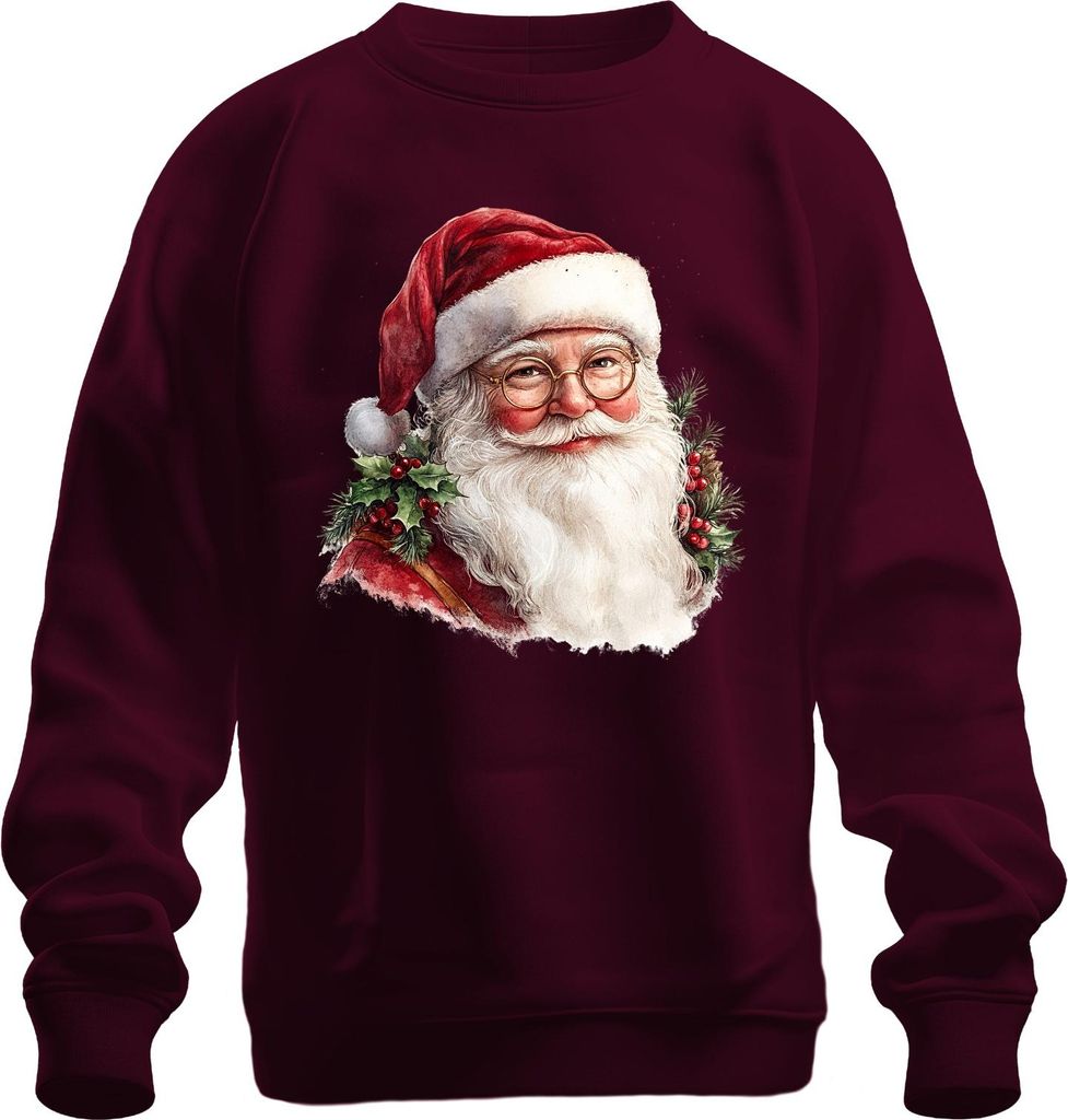 Weihnachtsmann Aquarell Portrait Brille Stechpalme Vintage Uni Sweatshirt Pullover, Burgundy, XL