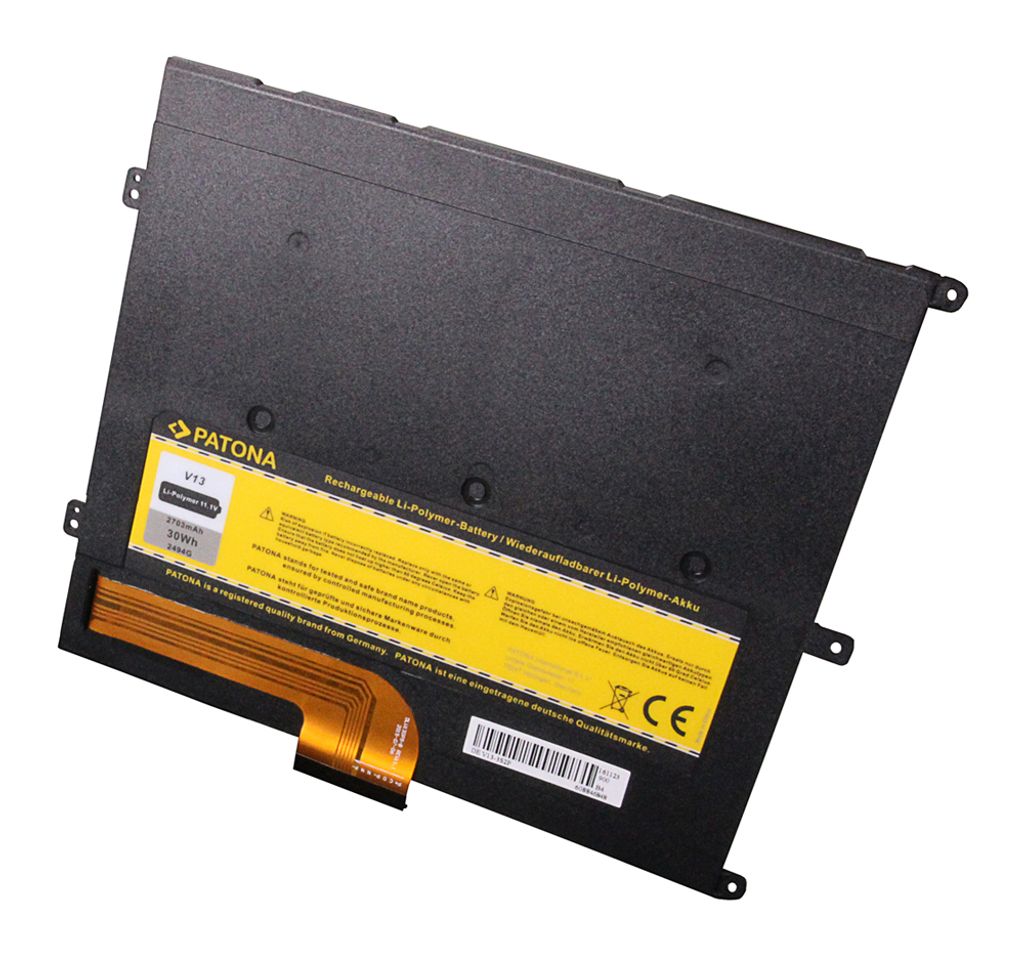 A black laptop battery with a yellow label and an orange ribbon cable.