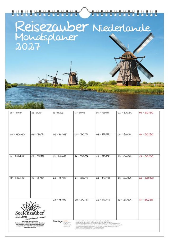 Reisezauber Niederlande Planer DIN A3 Kalender für 2027 Urlaub Grachten Tulpen - Seelenzauber