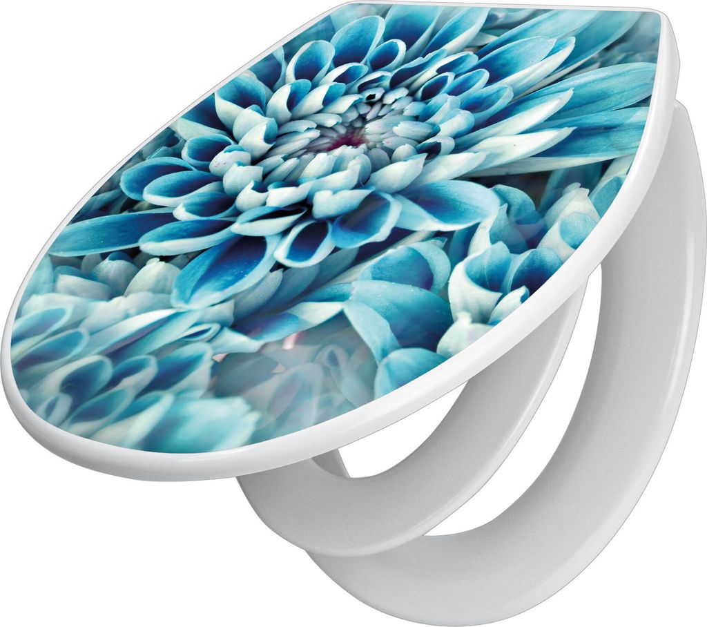 banjado Familien WC Sitz mit Absenkautomatik 37x44,5x5cm -Blaue Blüten - Klodeckel/Klobrille mit kindersitz aus hochwertigem Polypropylen - univer...