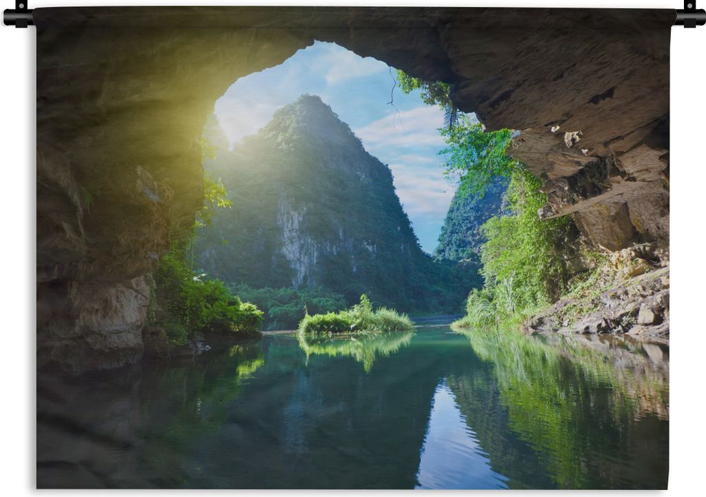 MuchoWow Wandteppich Wandbehang Wasser - Höhle - Sonne - Natur - Pflanzen 120x90 cm Tapisserie Dekoration Wandtuch - Wohnen - Aufhänger für di...