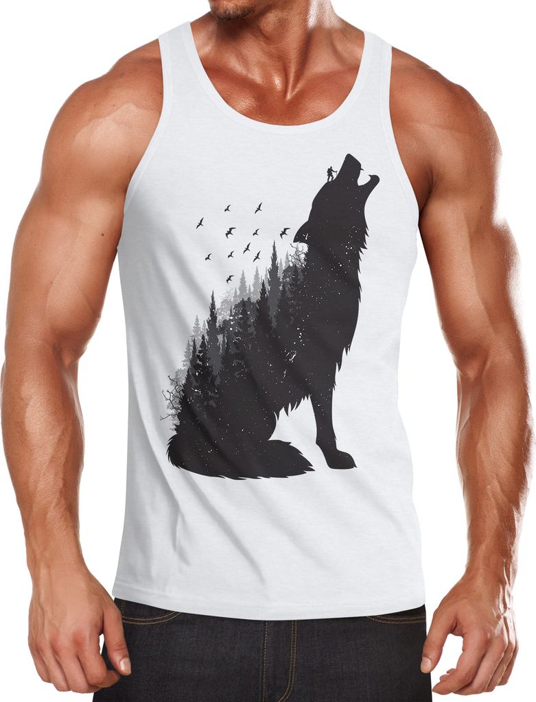 Herren Tanktop Wolf Natur Wild Life Moonworks weiß L